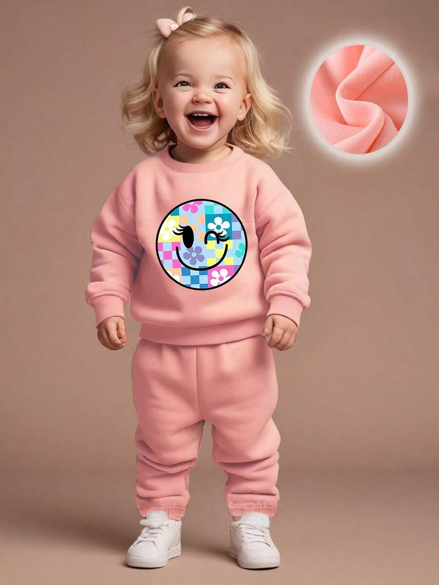 2 Stücke/Set Baby Mädchen fröhliches lächelndes Gesicht & bunt gemusterter Schlupfkragen Sweatshirt & Hose Set, Lässig für Herbst/Winter - Pink - Übersicht 1