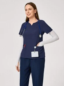 TaskEZ 纯色缺口领短袖双口袋手术服上衣 - 藏蓝色 - 查看 7