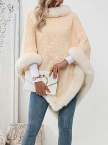 Chiquease Women's Solid Color Patchwork Fluffy Poncho Elegant Sweater, Autumn/Winter Knit Pullover Fall - Apricot - View 1