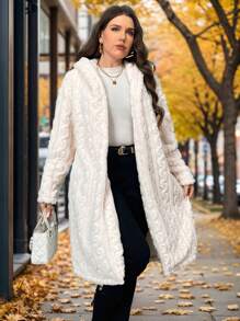 SHEIN Privé Áo khoác lót nhiệt dày có mũ dài cỡ lớn cho nữ, màu mơ, Bộ sưu tập mùa đông mới - Màu be - Xem 5