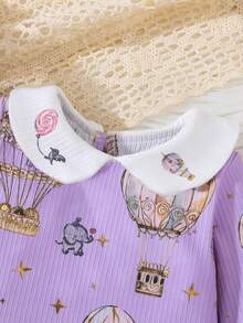 Souflis Souflis Combinaison à manches longues pour bébé fille avec col Peter Pan, motifs de fleurs roses et de montgolfières, rayures texturées. Convient pour l'intérieur et l'extérieur, en tissu doux et confortable. Combinaison violette - Prune - Voir 7