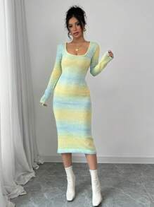 Chiquease Elegant Long Deep V-Neck Wide Collar Colorful Knit Sweater Dress Fall Cloth For Women - Blue - View 3