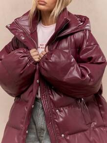 MISSGUIDED Oversized Winter Quilted Puffer Hooded Jacket Insulated Outerwear Faux Leather Waterproof Snow Coat Cold Weather Protection Warm Quilted Snow Coat