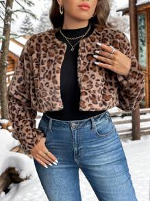 SHEIN Privé Plus Size Elegant Fluffy Leopard Pattern Long Sleeve Jacket For Women, Autumn Winter - Multicolor - View 4