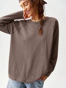 Bohemela Solid Color Knit Round Neck Raglan Sleeve Long Loose Casual T-Shirt For Women, Suitable For Holiday