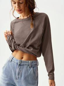 Bohemela Solid Color Knit Round Neck Raglan Sleeve Long Loose Casual T-Shirt For Women, Suitable For Holiday