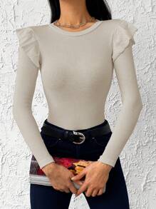 EURMUSE Camiseta con ribete de volantes tejido acanalado 95% algodón - Beis - Ver 4