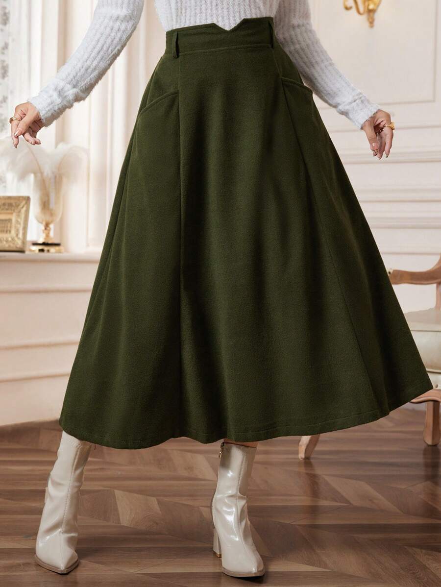 Modelyn 女士休闲纯色双口袋喇叭裙，秋季 - 軍綠色 - 查看 1