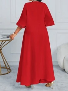 SHEIN Lady 春夏秋冬休闲优雅梭织白色连体袖开叉短袖大码套装秋季婚礼宾客礼服女裤套装