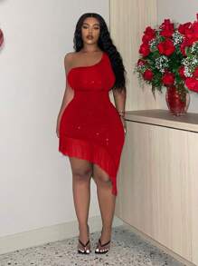 Slaydiva Plus Size Women Sleeveless Slit Fitted Party Dress With Shoulder Strap & Fringe Trim - Red - View 5