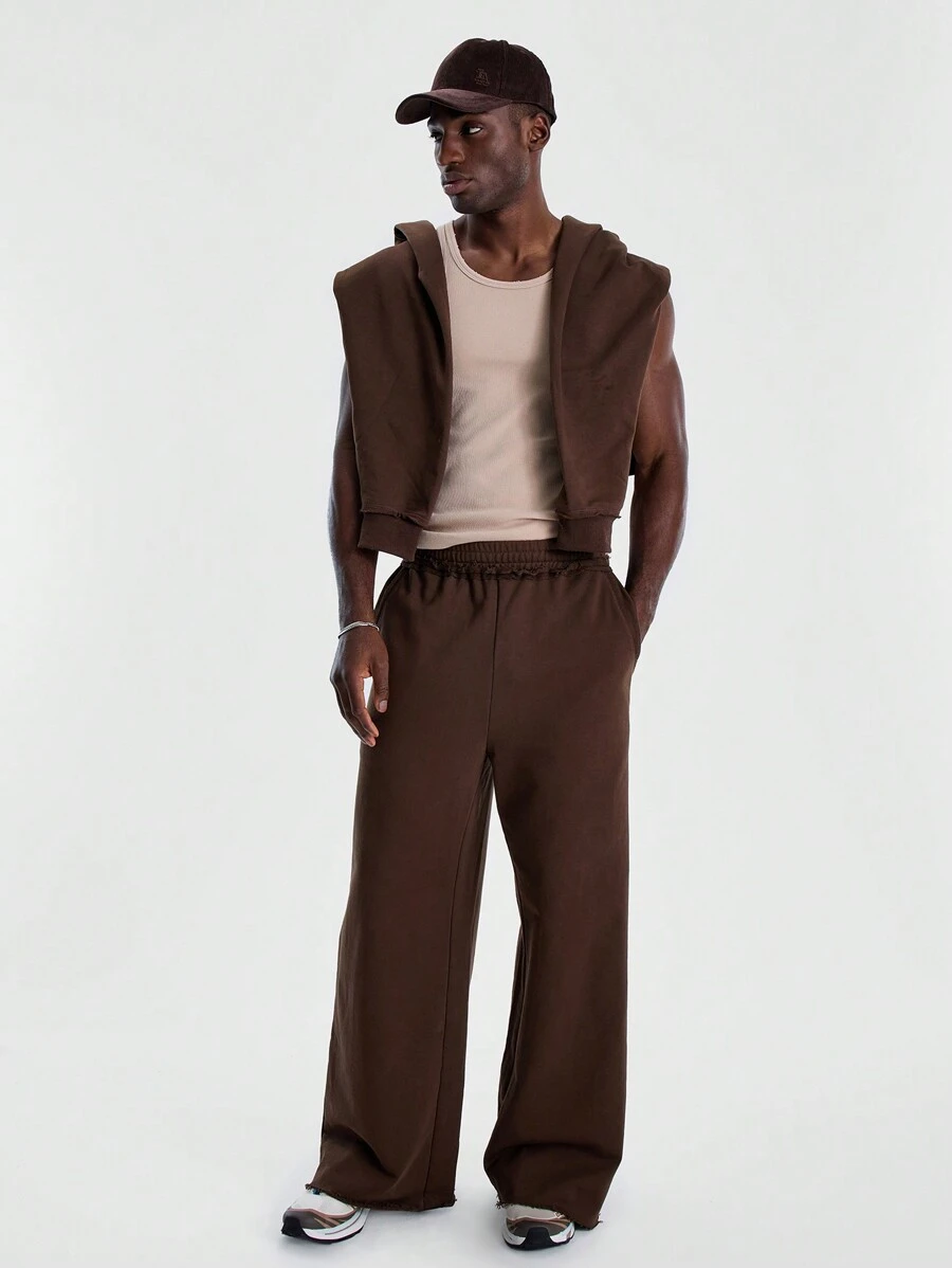 Musero Men Raw Waist And Hem Sweatpants - Coffee Brown - View 1