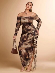 SHEIN X Phaith Montoya SHEIN BAE 大码女式浪漫荷叶边连衣裙，优雅派对和节日装，秋冬装，长袖，扎染大理石印花，修身剪裁 - 彩色 - 查看 3