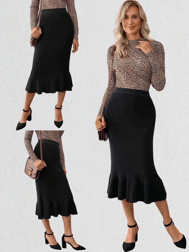 Women's Ruffle Hem Sweater Skirt Fall Women Outfits Party Outfits Winter