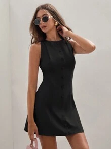 COSMINA Women Solid Color Crew Neck Elegant Chic Sleeveless Mini Shift Dress, Commute Style,Sun Dress - Black - View 6