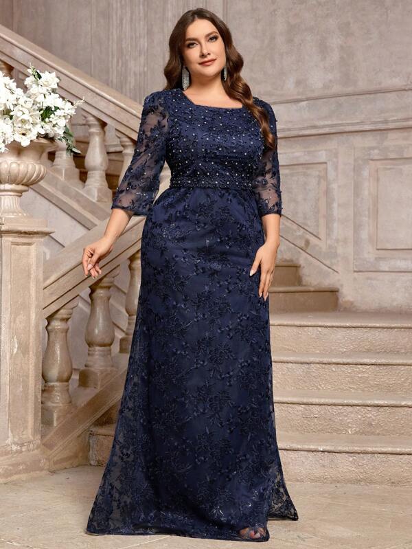 Serin Vestido formal de cola de sirena elegante y romántico con detalles bordados en azul marino, con mangas de encaje, apropiado para bailes, ceremonias, madre de la novia en tallas grandes