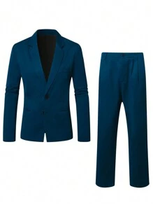 Calvornis 男士加大码纯色立领长袖西装外套和裤子套装，秋季商务休闲装 - 藍色 - 查看 3