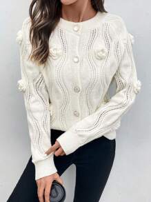 SHEIN Clasi Women's Casual French Style Solid Color 3D Floral Decor Cardigan Fall Cloth For Women - White - View 1