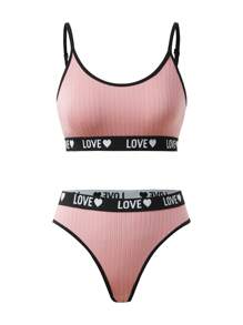 瑜伽女士邊緣印花簡約日常內衣套裝運動三角褲 - 藕粉色 - 查看 2