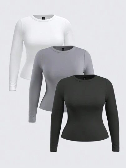 SHEIN BASICS 3개/팩 캐주얼 솔리드 컬러 피팅 니트 긴팔 라운드 넥 정규 핏 티셔츠, 플러스 사이즈