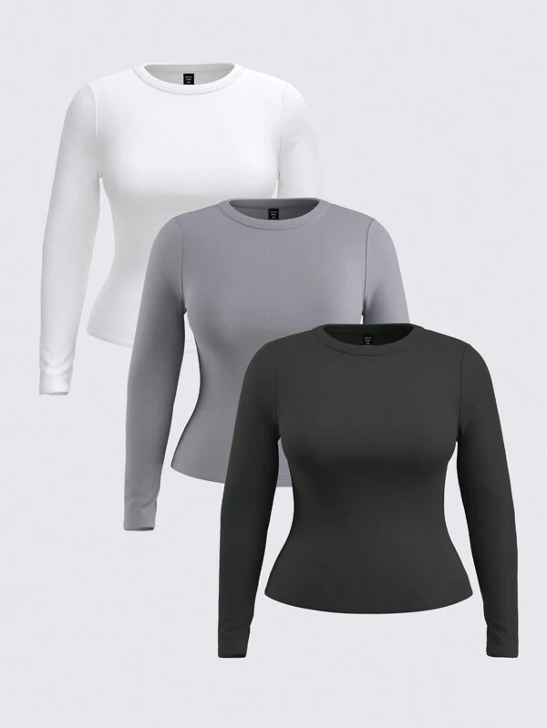 SHEIN BASICS 3pcs/Pack Casual Solid Color Fitted Knit Long Sleeve Round Neck Regular Fit T-Shirts, Plus Size, Warm Comfort