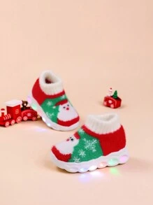 Calcetines de Navidad para bebés con función de luz, botas de caña media forradas con aislante térmico grueso, cálidos