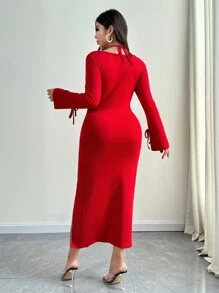 SHEIN Unity Đầm Maxi Nữ Màu Trơn Chéo Khoét Hở Bên Hông Ôm Sát Gợi Cảm Cho Mùa Thu Năm Mới Trang Phục Maxi Nữ - Đỏ - Xem 7