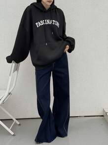 Dazy-Less 1pc Women Solid Color Loose Thermal Lined Hooded Sweatshirt With Letter Graphic,Fall Women Clothes