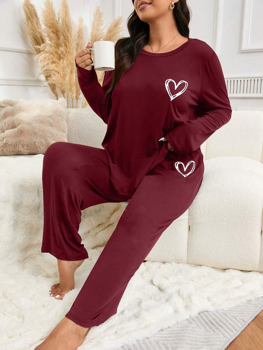 Minimalist Heart Print Long Sleeve Pajama Set - Red - View 1