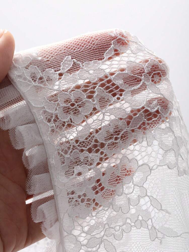 2pcs See-Through Mesh Lace Splice Pleated Flounce Trim Sexy Babydoll Dress + G-String Set Lingerie For Women