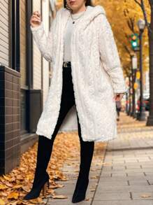 SHEIN Privé Áo khoác lót nhiệt dày có mũ dài cỡ lớn cho nữ, màu mơ, Bộ sưu tập mùa đông mới - Màu be - Xem 4