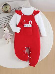 Conjunto de niña bebé para primavera/otoño con pantalón de tirantes de punto con intarsia de dibujos animados, diseño lindo de conejo peludo rosa, mangas con volantes, para Navidad