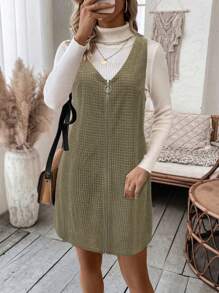 SHEIN LUNE LanaWest 新款秋冬玉米格纹针织罗纹圆形金属拉链无袖短款女连衣裙 - 綠色 - 查看 1