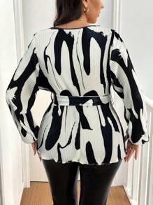 Flirla Plus Size Allover Print Cross Wrap Belted Long Sleeve Blouse Peplum Top