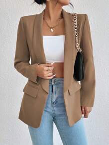 EMERY ROSE 1pc Women Simple Commuter Shawl Collar Solid Color Blazer Jacket, Autumn Fall Cloth For Women - Khaki - View 5