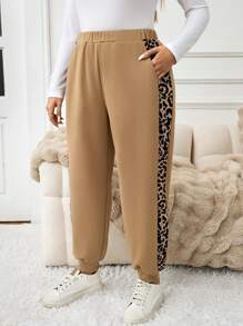 SHEIN LUNE Plus Size Leopard Patchwork Bolso Casual Calças de Moletom Barnfit Traje de Ação de Graças Feminino Ano Novo Traje Feminino