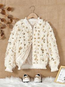 Chaqueta elegante y linda con flecos y lentejuelas versátil para niñas preadolescentes