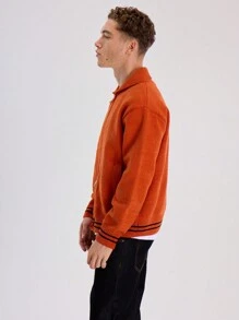 Musero Colared Zip Through Long Sleeve Drop Shoulder Jacket Elasticated Waistband Stripe Detail Jumper SPRING SUMMER Essentials - Orange - View 1