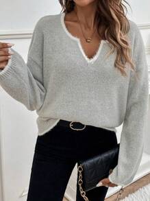 SHEIN LUNE Notched Neckline Drop Shoulder Knit Pullover Fall Winter Sweater - Grey - View 4