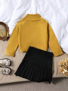 SHEIN Conjunto de 2 piezas para niña con jersey retro, jersey de cuello alto rosado y falda mini gris, atuendo de otoño