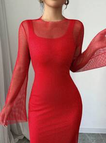 Elenzga Bộ 2 món: Đầm lưới đan tay loe, eo thắt, váy nữ thanh lịch và lãng mạn - Đỏ - Xem 7