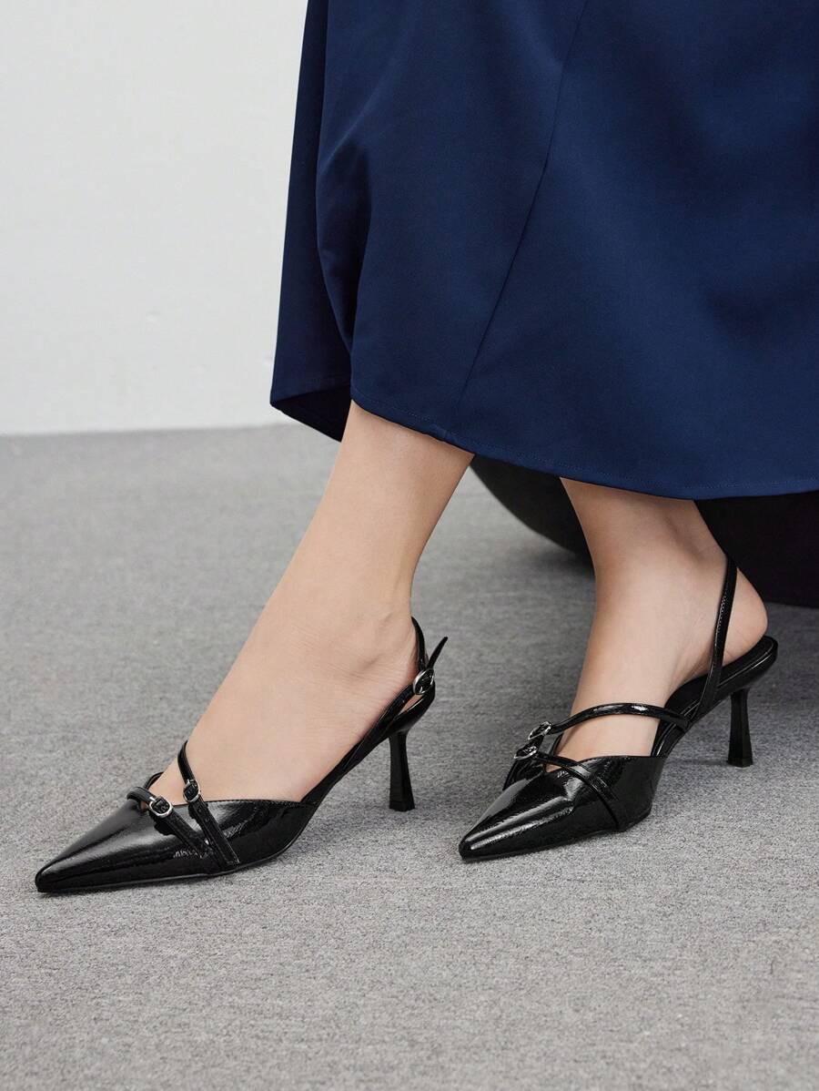 CUCCOO BIZCHIC 女士黑色带扣尖头细高跟鞋，时尚通勤、约会、派对、度假 - 黑色 - 查看 1