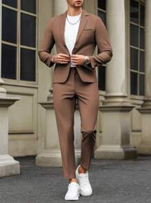 Manfinity Mode 男士纯色前扣平领长袖简约上衣和裤子休闲西装套装，老款风格 - 咖啡棕 - 查看 4