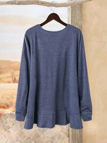 EMERY ROSE Plus Size Women Floral Embroidery Long Sleeve  Blue T-Shirt,  Fall And Winter Women Clothes