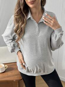SHEIN Maternity Plain Front Button Long Sleeve Casual Sweatshirt, For Winter