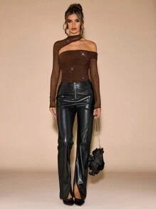 SHEIN BAE Women Mesh Long Sleeve Asymmetric Ruched Slim Fitted Top, Autumn/Winter - Coffee Brown - View 6