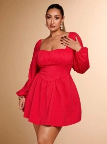SHEIN BAE Vestido corto de manga larga con detalles de sujetador y silueta A para mujer talla grande, unicolor, estilo de niña dulce en otoño - Rojo - Ver 6