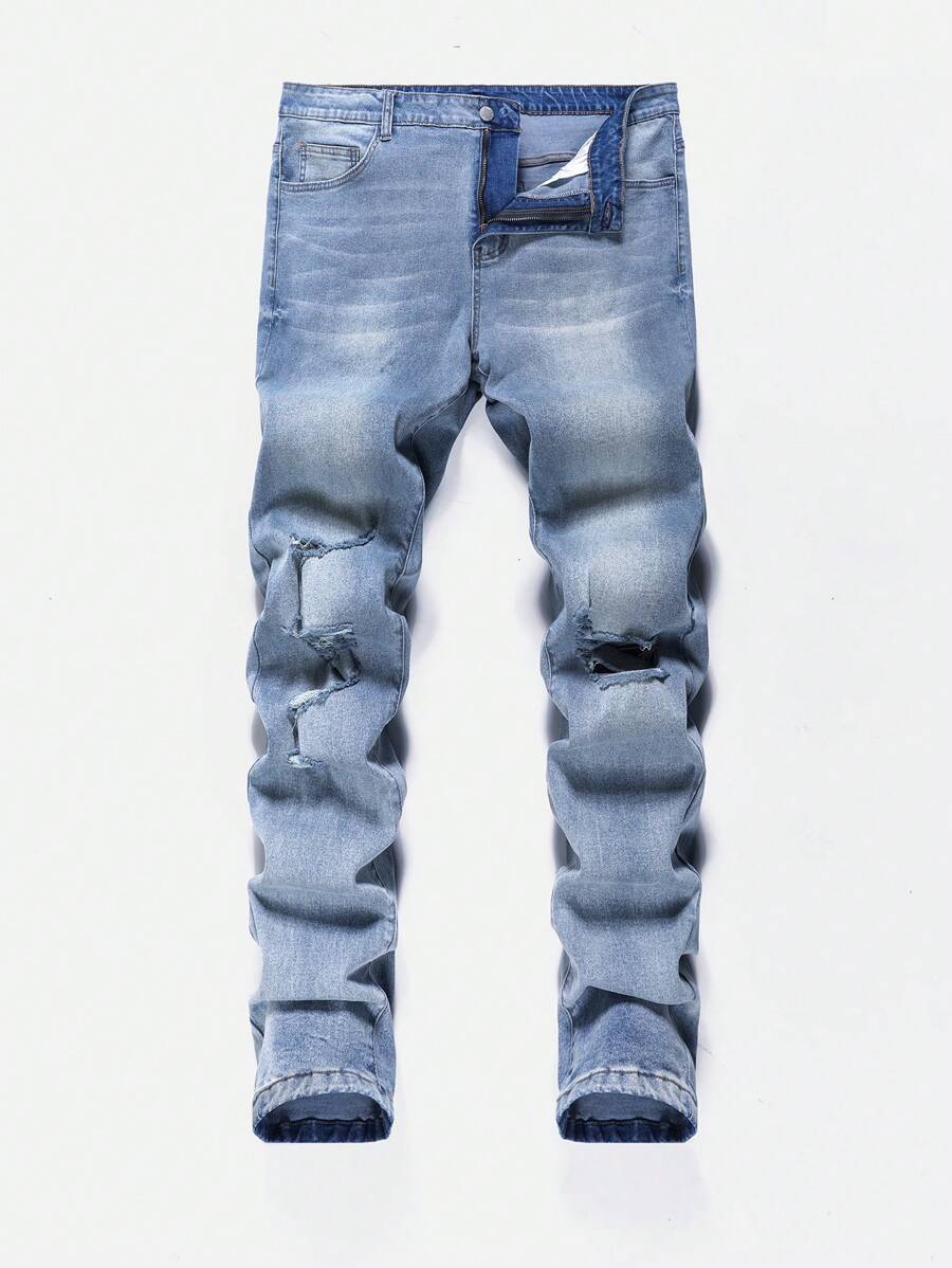 Manfinity Homme Quần Jeans Skinny Jeans Xanh Nhạt Cỡ Lớn Cho Nam, Quần Jeans Rách Trơn Ôm Vừa Vặn Dài Màu Xanh Navy, Dành Cho Chồng, Quà Tặng Bạn Trai - Rửa nhẹ - Xem 1