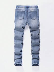Manfinity LEGND Plus Size Men Navy Washed Slim Fit Jeans Frayed Jeans, Plain Slim Fit Long Ripped Navy Blue Cargo Jeans, For Husband, Boyfriend Gifts - Dark Wash - View 2