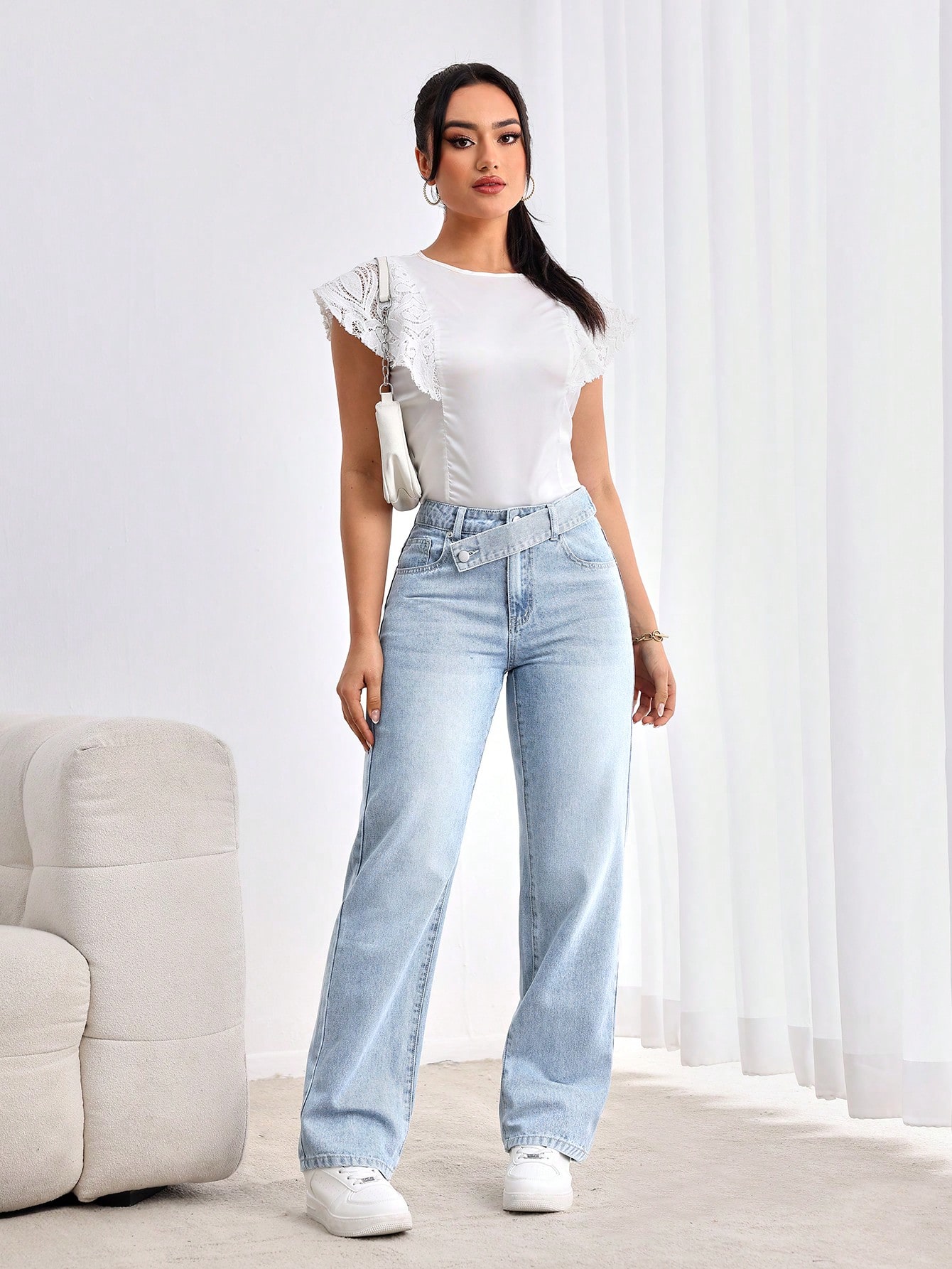 SHEIN Tall جينز عرضي مرتخي الخصر مع نمط متداخل مبا...