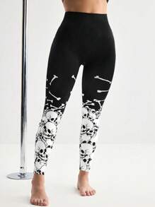 Menodora SHEIN Sport Seamless Skeleton Halloween Leggings Yoga Women Pants - Black and White - View 4